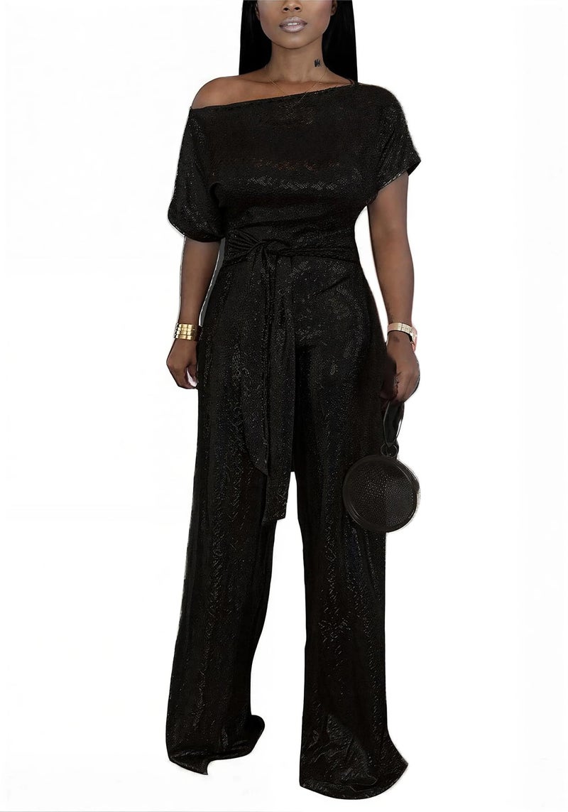LKOUS Women's Off Shoulder Sequin Jumpsuit Sparkly Short Sleeve High Waisted Wide Leg Romper Beach Vacation Outfits - Image 1